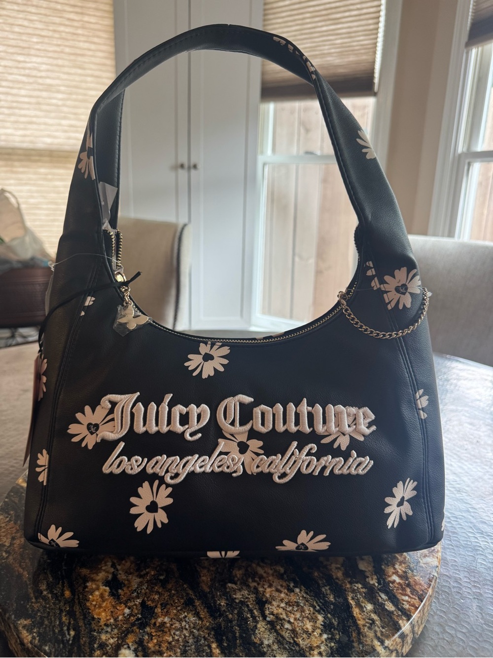 Juicy Couture Black Shoulder Bag with White Daisy Embroidery